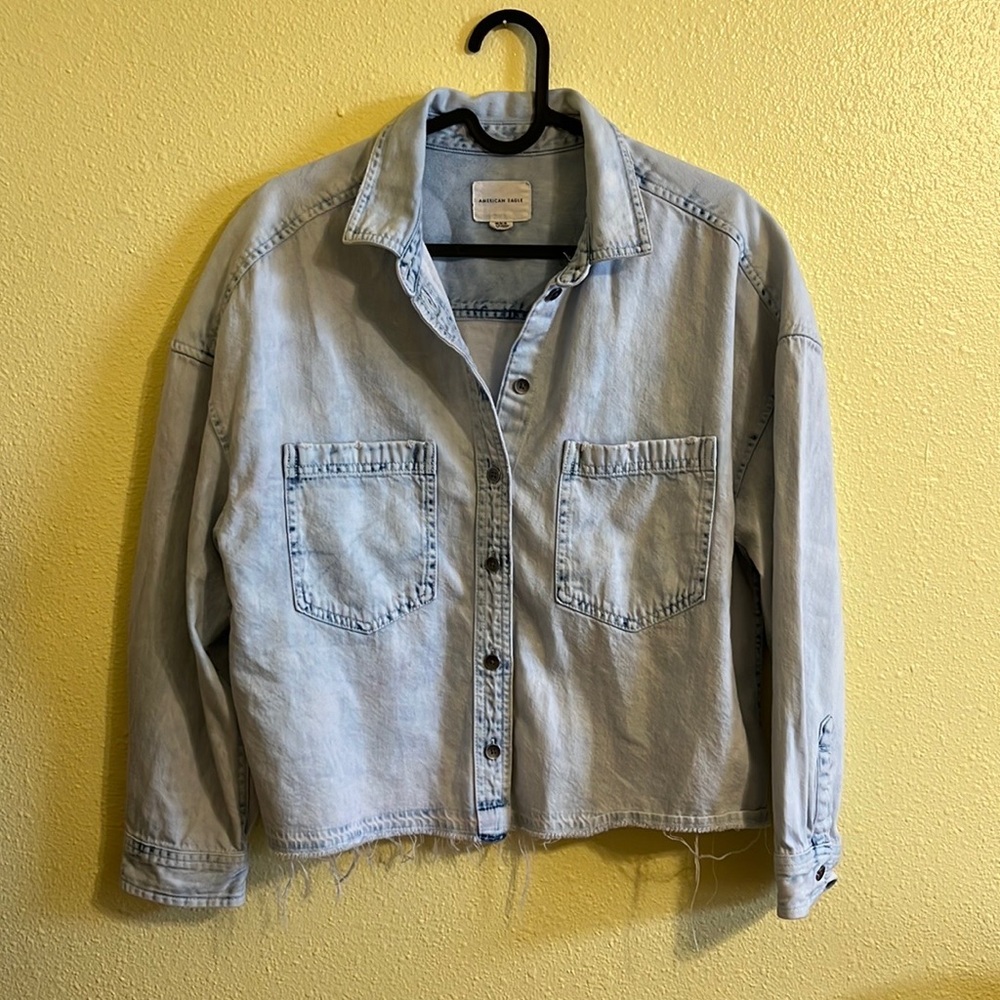 American Eagle Raw Hem Lightwash Jean Shacket